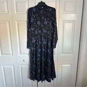 LOFT Dress Womens M Navy Floral Long Sleeve Maxi Mock Neck Dark Cottagecore